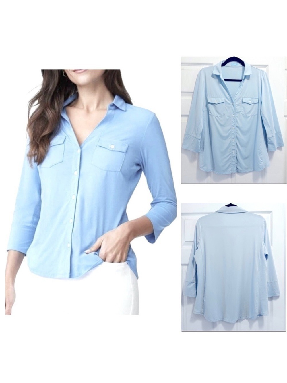 J. McLaughlin Brynn Blouse Blue Button Up Shirt Stretch 3/4 Sleeve Size Large